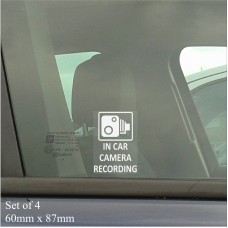  4 x 60x87mm In Car Camera Recording Window Stickers-CCTV Sign-Van,Lorry,Truck,Taxi,Bus,Mini Cab,Minicab.White onto Clear Adhesive Vinyl Signs